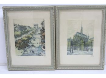 2  Signed Hand Colored Pictures, Etchings / Woodcut