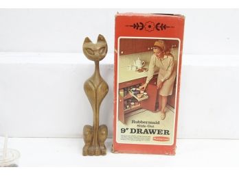 Mid Century Carved Cat And NOS Rubbermaid Drawer