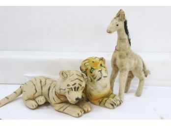 Antique Stuffed Animals, 2 Tigers, 1 Giraffe 18' Tall