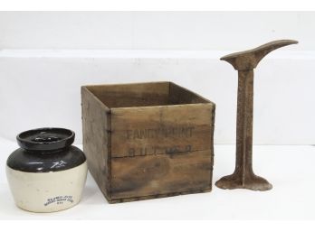 Mixed Lot, Wooden Crate, Cobblers Stand And Stoneware Crock
