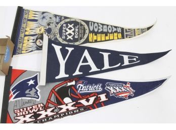 3 Sports Pennant Flags, 2 Super Bowl And Yale, 1 Signed By Patriots Adam Vinatieri