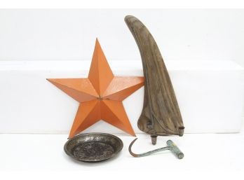 4 Piece Mixed Decor Lot, 19' Barn Star, Candle Holder, Meat Hook, Pie Tin