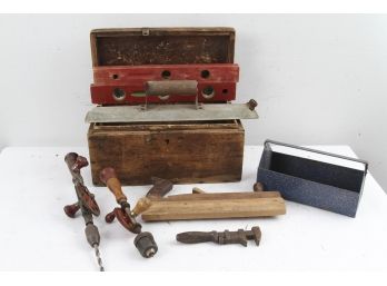 Vintage Wood Tool Box, Hand Drills, Plane, Levels, Etc.