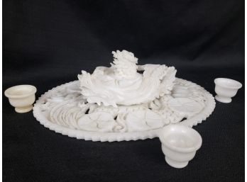 Unique Carved Stone Dragon Tea Set, Teapot, Tray And 3 Cups