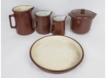 Lot Of Weller Pottery Utility Ware, 3 Pitchers, Bean Pot And Plate