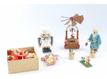 Group Of German Christmas Ornaments, Nutcracker And Decorations.