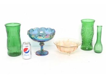 Vintage  Lot Of Fenton , Depression Glass & Green Emerald Vases