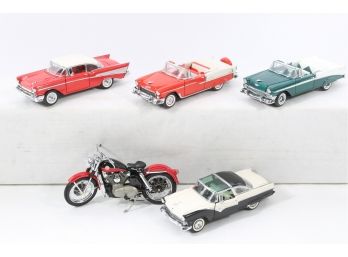 Group Of Five Danbury Mint Die Cast Cars And Motorcycle With Original Packaging.