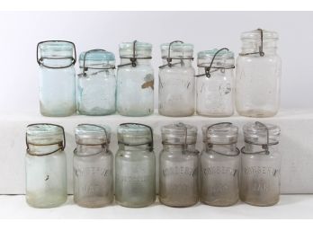 12 Vintage Lightening Mason Jars & Lids - Pints & Quart Sizes