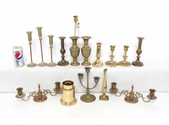 Large Lot Of Brass Candleholders & Other Items