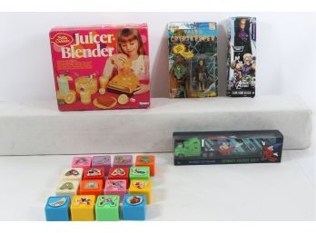 20 Items; Vintage Disney Themed Blocks, Action Figures, Betty Crocker Blender, Etc