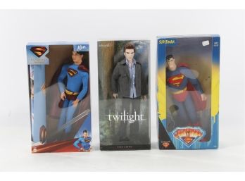 Three Action Figures In Original Packaging  Barbie Ken Superman And Barbie Twilight