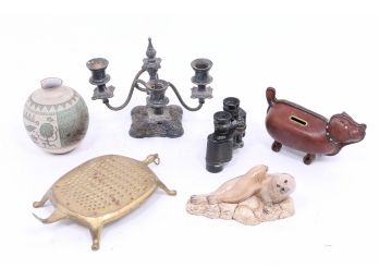 Collectibles Including Silver Plate Candelabra, Brass Turtle, Leather Pig, Ceramic Seal, Binoculars & Vase