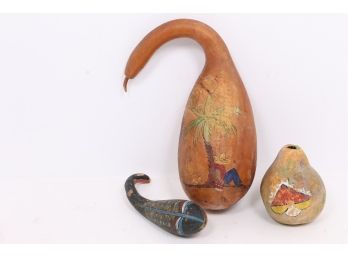 Vintage Lot Of 3 Hand Painted Gourdes Likely South American Origin Folk Art One Fish Or Whale Shaped