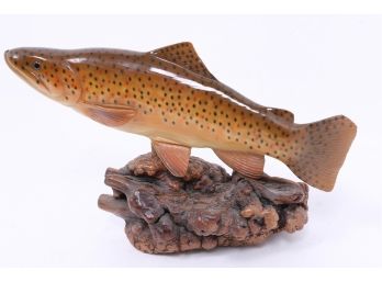 Carved Wood Trout Fish Decoy On Burl Wood Base Signed B. Berry 1987