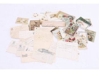 Lot Of Victorian Era Ephemera Trade Cards Floral Chromolithographs Billheads & More