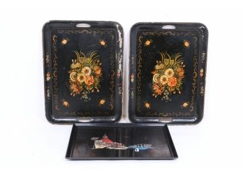 Lot Of 3 Vintage Hand Painted Serving Trays