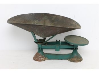 Antique Country Store Balance Scale With Large Brass Scoop Pan