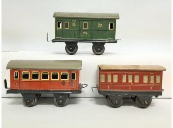 Lot Of (3) Vintage Tin Passenger Train Cars Made In US Zone Germany HO Gauge