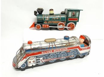 Modern Toys Lot Of (2) Tin Metal Battery Operated Locomotives-Silver Mountain No. 3525 & Western Made In Japan