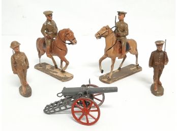 Vintage 1920's (7) Piece ELASTOLIN Lot- 4 Soldiers, 2 Horses Composition Tin Metal Cannon Germany