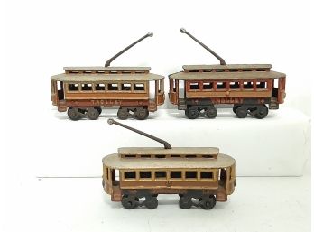 (3) Vintage Antique Cast Iron Model Trolley Cars With Antennas 7.5'