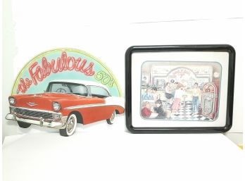 American Muscle Car/Rock N Roll Lot- Double Sided Cardboard Sign And Framed Sign Advertising The 1950s
