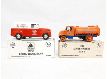 Lot Of (2) ERTL Truck Coin Banks-1926 Gulf MACK Tanker Bank And 1950 Citgo Panel Truck Bank 1989 And 1992 MIB
