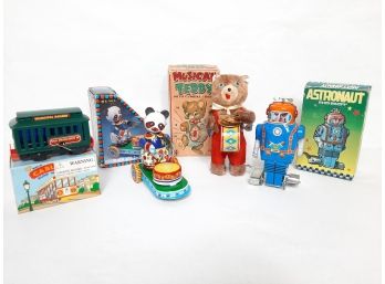 4 Vintage Wind-Up Toys, Musical Teddy , Astronaut Robot, Cable Car & Drumming Animal Panda  Tin W/ Orig Boxes
