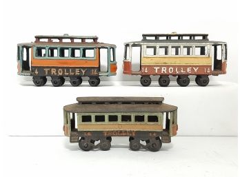 (3) Vintage Antique Cast Iron Model Trolley Cars 7.5 Inches