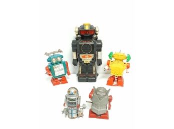 (5) Vintage Toy Robots- Windup And Battery Operated Plastic And Tin Made