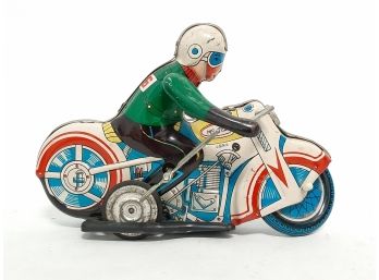 Vintage Tin Litho Motorcycle Racer Very Good Working Condition 7'