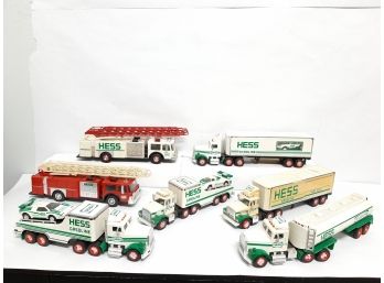 Vintage Lot Of (7) HESS Tractor Trailer, Fire Engine, Tanker Trucks Plastic