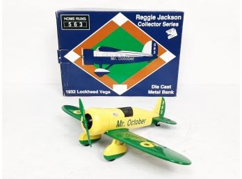 1992 SPEC CAST Reggie Jackson Mr. October 1932 Lockheed Vega Die Cast Metal Airplane Bank #35025 Mint In Box
