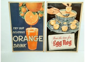 Vintage Lot Of (2) 1950s Lithograph Cardboard Advertising  Posters  Orange Drink & Egg Nog Theme G.P. Gundlach