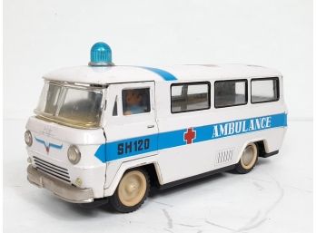 Vintage Tin Litho Friction Powered Ambulance Bus 9.75 Inches Excellent Original Condition