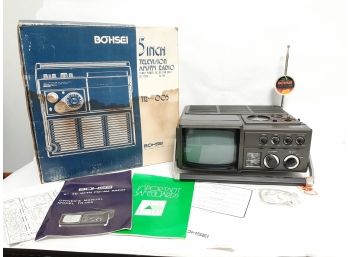 Vintage BOHSEI All Transistor 5 Inch Television, AM/FM Radio, AC/DC/Car Battery In Original Box