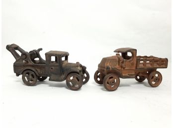 (2) Vintage Antique Cast Iron Wrecker Tow Truck And Stake Truck Very Good Original Condition