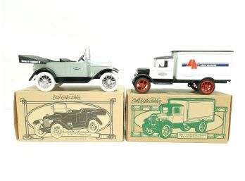 (2) ERTL Die Cast Metal Vehicles-1917 Maxwell (Agway) & 1931 Hawkeye (Four Seasons) Truck Model Coin Bank MINT