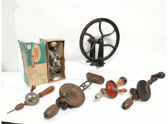 Vintage Lot Of 6 - 4 Hand Crank Drill Stanley No. 1220 & 624G, LFC Meat/Food Chopper W/Box &  Cast Iron Wheel