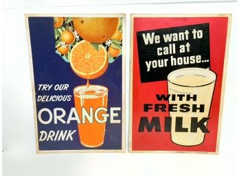 Vintage Lot Of (2) 1950's Orange Drink & Milk Lithograph Cardboard Posters - G.P Gundlach Co. Cincinnati