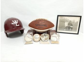 Vintage 1970s Windsor Locks, VFW Sporting Goods Lot -Signed Football, Pic Trophy, Baseball Helmet & Baseballs