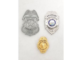 (3) Vintage Metal Police / Firefighter Pins/Badges/Buckle / Money Clip -Manchester NH Volunteer