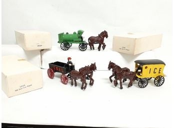 3x Lancaster Toy Mfg Co Cast Metal Horse And Buggy Old Time Oil Wagon, Old Time Coal Wagon, Old Time Ice Wagon
