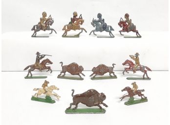 Vintage 11pc Lot Of Painted Lead Metal Cowboys  Indians Buffalo Soldier Figures NICELY DETAILED!