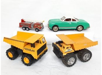 Lot Of (4) Vintage Toys- Japanese Tin Friction VW Karmin Ghia, Remco Truck, Nylint Fire Truck, Mighty Wheels