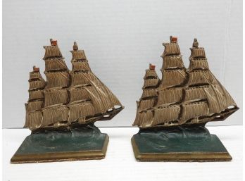 1940s Ship Cast Iron Painted Bookends Orig Paint