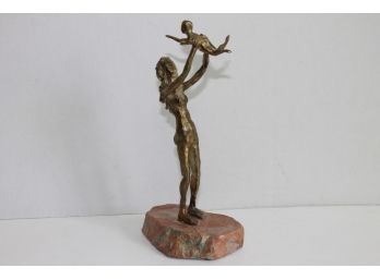 Signed Bronze Mother And Child On Marble Base Modern Art Sculpture