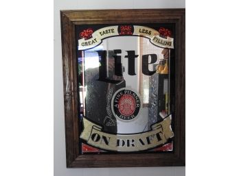 Large Wooden Framed Miller Light Beer Bar Mirror