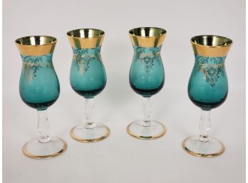 Lot Of 4 Bohemian Blue And Gold Glasses